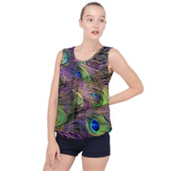 Green Purple And Blue Peacock Feather Bubble Hem Chiffon Tank Top