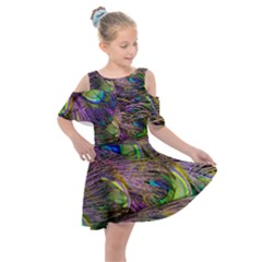 Green Purple And Blue Peacock Feather Kids  Shoulder Cutout Chiffon Dress