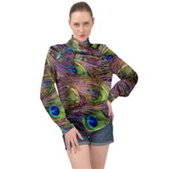 Green Purple And Blue Peacock Feather High Neck Long Sleeve Chiffon Top