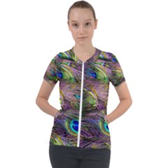 Green Purple And Blue Peacock Feather Short Sleeve Zip Up Jacket