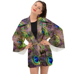 Green Purple And Blue Peacock Feather Long Sleeve Kimono