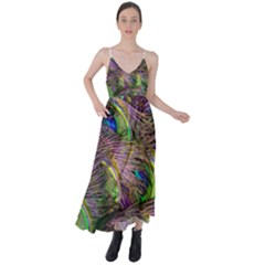 Green Purple And Blue Peacock Feather Tie Back Maxi Dress