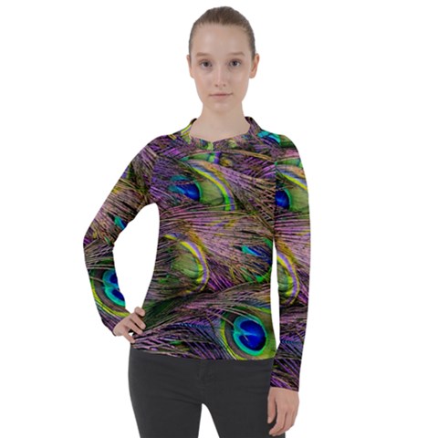 Green Purple And Blue Peacock Feather Women s Pique Long Sleeve Tee by Jancukart