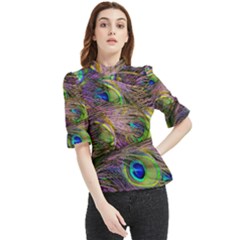 Green Purple And Blue Peacock Feather Frill Neck Blouse