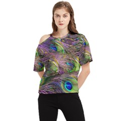 Green Purple And Blue Peacock Feather One Shoulder Cut Out Tee