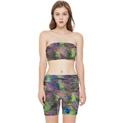 Green Purple And Blue Peacock Feather Stretch Shorts And Tube Top Set