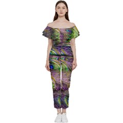 Green Purple And Blue Peacock Feather Off Shoulder Ruffle Top Jumpsuit