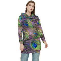 Green Purple And Blue Peacock Feather Women s Long Oversized Pullover Hoodie