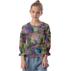 Green Purple And Blue Peacock Feather Kids  Cuff Sleeve Top