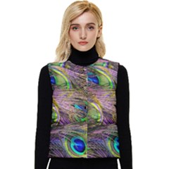 Green Purple And Blue Peacock Feather Women s Short Button Up Puffer Vest