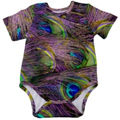 Green Purple And Blue Peacock Feather Baby Short Sleeve Bodysuit by Jancukart