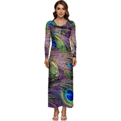 Green Purple And Blue Peacock Feather Long Sleeve Velour Longline Maxi Dress