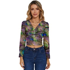 Green Purple And Blue Peacock Feather Long Sleeve V-neck Top