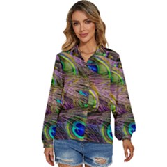 Green Purple And Blue Peacock Feather Women s Long Sleeve Button Down Shirt