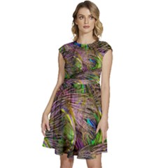 Green Purple And Blue Peacock Feather Cap Sleeve High Waist Dress