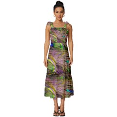 Green Purple And Blue Peacock Feather Tie-strap Tiered Midi Chiffon Dress