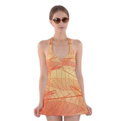 Orange Leaves Colorful Transparent Texture Of Natural Background Halter Dress Swimsuit 