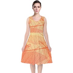 Orange Leaves Colorful Transparent Texture Of Natural Background V-neck Midi Sleeveless Dress 