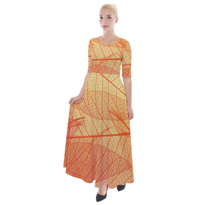 Orange Leaves Colorful Transparent Texture Of Natural Background Half Sleeves Maxi Dress