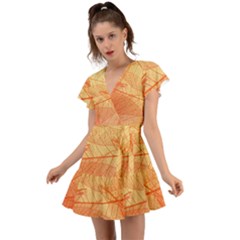 Orange Leaves Colorful Transparent Texture Of Natural Background Flutter Sleeve Wrap Dress