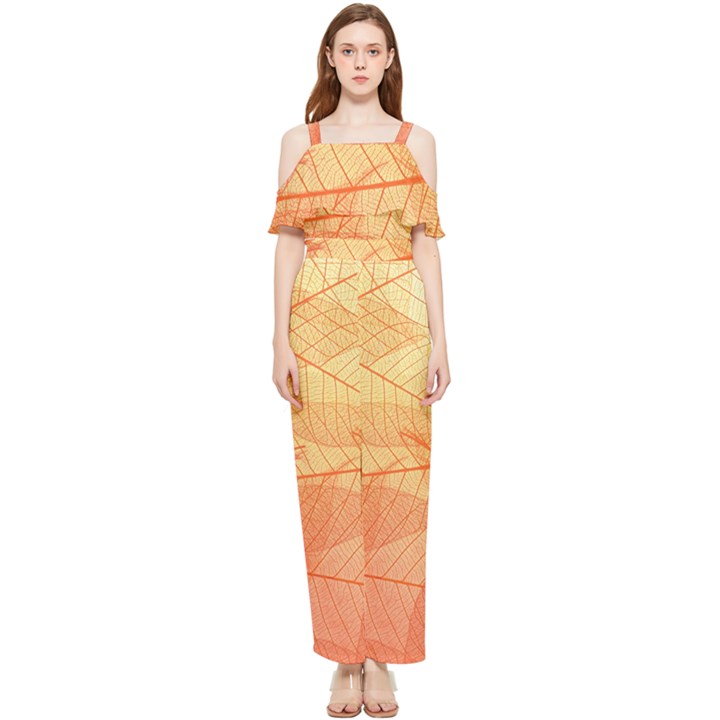 Orange Leaves Colorful Transparent Texture Of Natural Background Draped Sleeveless Chiffon Jumpsuit