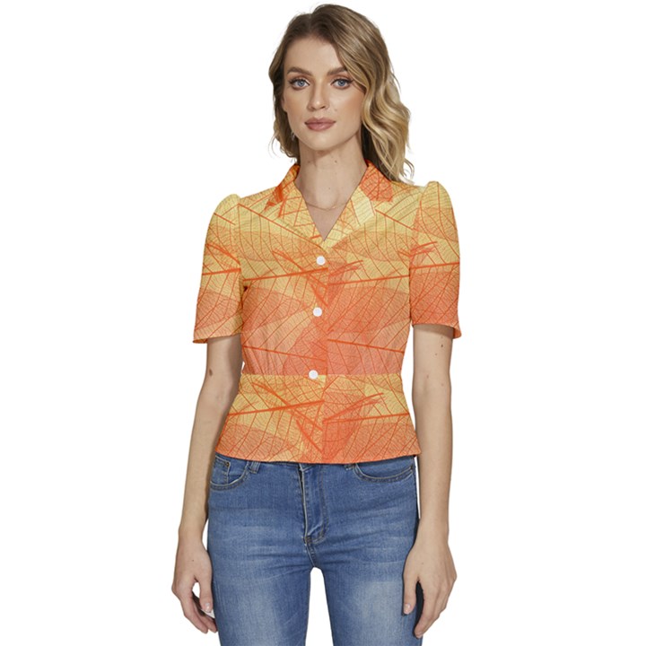 Orange Leaves Colorful Transparent Texture Of Natural Background Puffed Short Sleeve Button Up Jacket