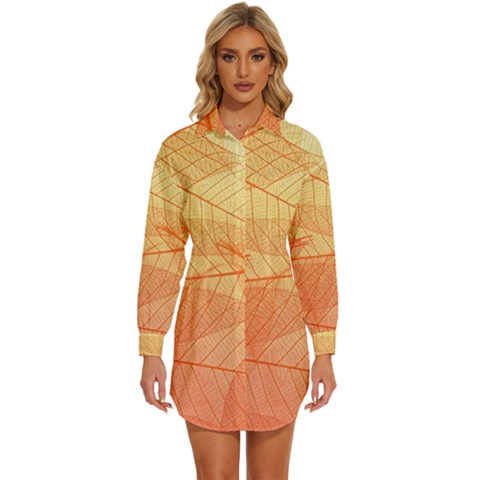 Orange Leaves Colorful Transparent Texture Of Natural Background Womens Long Sleeve Shirt Dress by Jancukart