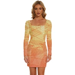 Orange Leaves Colorful Transparent Texture Of Natural Background Long Sleeve Square Neck Bodycon Velour Dress