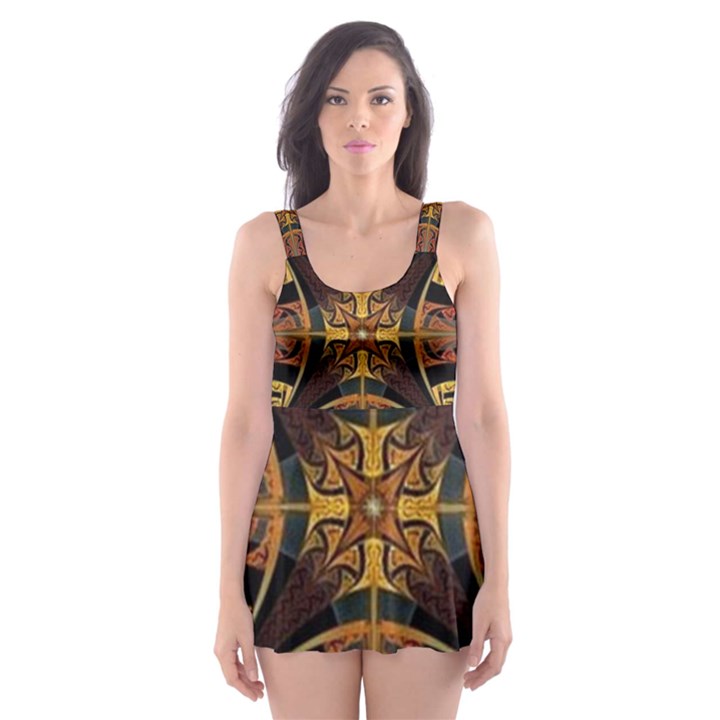 Abstract, Pattern Arabesque Design Tile Decoration Seamless Skater Dress Swimsuit