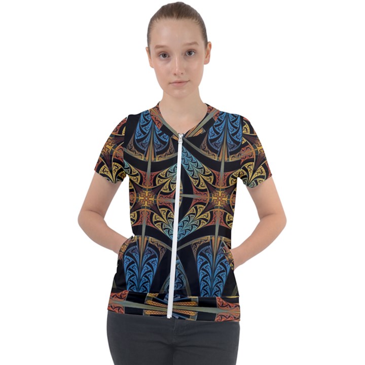 Abstract, Pattern Arabesque Design Tile Decoration Seamless Short Sleeve Zip Up Jacket