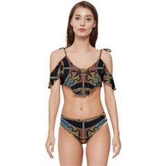 Abstract, Pattern Arabesque Design Tile Decoration Seamless Ruffle Edge Tie Up Bikini Set	