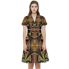 Abstract, Pattern Arabesque Design Tile Decoration Seamless Short Sleeve Waist Detail Dress