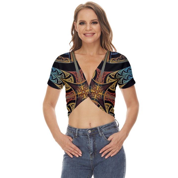 Abstract, Pattern Arabesque Design Tile Decoration Seamless Twist Front Crop Top