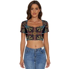 Abstract, Pattern Arabesque Design Tile Decoration Seamless Short Sleeve Square Neckline Crop Top 