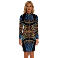 Abstract, Pattern Arabesque Design Tile Decoration Seamless Long Sleeve Shirt Collar Bodycon Dress