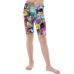 Assorted Cartoon Characters Doodle  Style Heroes Kids  Mid Length Swim Shorts