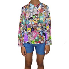 Assorted Cartoon Characters Doodle  Style Heroes Kids  Long Sleeve Swimwear