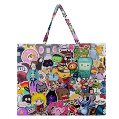 Assorted Cartoon Characters Doodle  Style Heroes Zipper Large Tote Bag