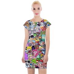 Assorted Cartoon Characters Doodle  Style Heroes Cap Sleeve Bodycon Dress by Jancukart