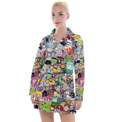 Assorted Cartoon Characters Doodle  Style Heroes Women s Long Sleeve Casual Dress by Jancukart