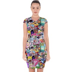 Assorted Cartoon Characters Doodle  Style Heroes Capsleeve Drawstring Dress  by Jancukart