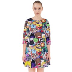 Assorted Cartoon Characters Doodle  Style Heroes Smock Dress by Jancukart