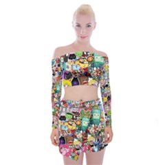 Assorted Cartoon Characters Doodle  Style Heroes Off Shoulder Top With Mini Skirt Set by Jancukart