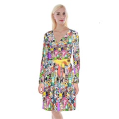 Assorted Cartoon Characters Doodle  Style Heroes Long Sleeve Velvet Front Wrap Dress