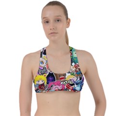 Assorted Cartoon Characters Doodle  Style Heroes Criss Cross Racerback Sports Bra