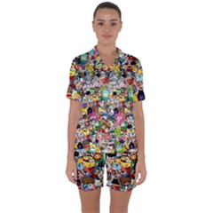 Assorted Cartoon Characters Doodle  Style Heroes Satin Short Sleeve Pajamas Set