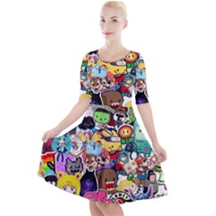 Assorted Cartoon Characters Doodle  Style Heroes Quarter Sleeve A-line Dress by Jancukart