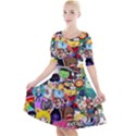 Assorted Cartoon Characters Doodle  Style Heroes Quarter Sleeve A-Line Dress View1