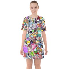 Assorted Cartoon Characters Doodle  Style Heroes Sixties Short Sleeve Mini Dress by Jancukart