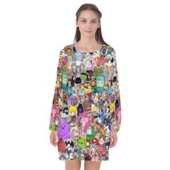 Assorted Cartoon Characters Doodle  Style Heroes Long Sleeve Chiffon Shift Dress  by Jancukart